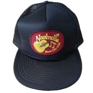Nashville Music City USA Patch Vintage Trucker Hat Mesh Black Speedway Opry Land